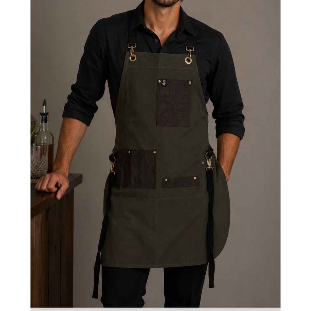 S&R Apron Co Olive Green Canvas Leather Pocket Professional Work Bib Apron